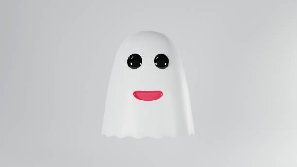 minimal cute happy white spirit ghost isolated on white grey background, 3d rendering