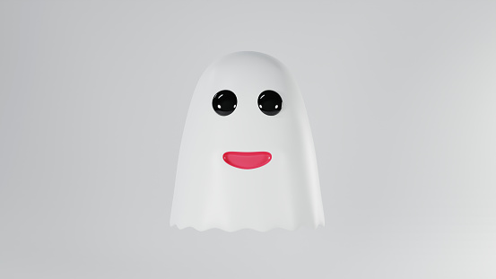 minimal cute happy white spirit ghost isolated on white grey background, 3d rendering