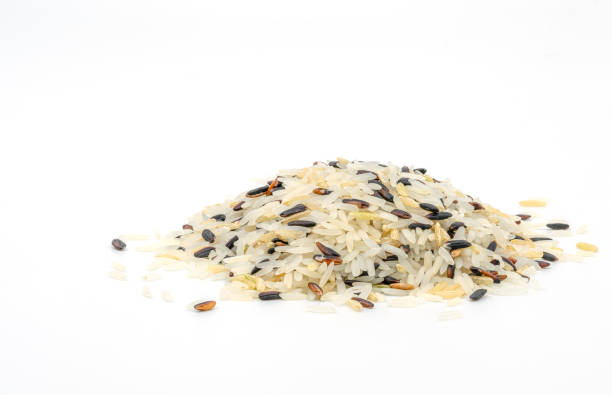 zamknij mały stos surowego ryżu na białym tle. czarny, brązowy i biały ryż miesza się ze sobą. widok stosu z przodu. - carbohydrate rice cereal plant uncultivated zdjęcia i obrazy z banku zdjęć