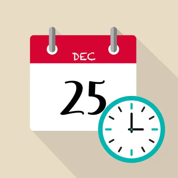 Vector illustration of Calendar with date December 25 and clock vector for presentation and website