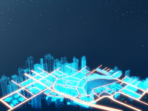 istock Hologram building on black screen in IOT or smart city concept. 1336229417