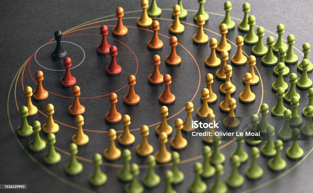 Spheres of Influence. Influencer Marketing. 3D illustration of pawns over black backgound with circles. Concept of influencer marketing and spheres of influence. Persuasion Stock Photo