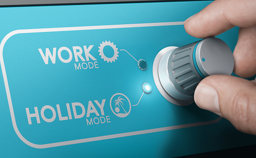 Man switching between work and holiday modes. Office closing announcement concept. Composite image between a hand photography and a 3D background.