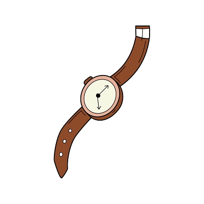 A wrist watch with a strap. Doodle style. Hand-drawn Colorful illustration. The design elements are isolated on a white background