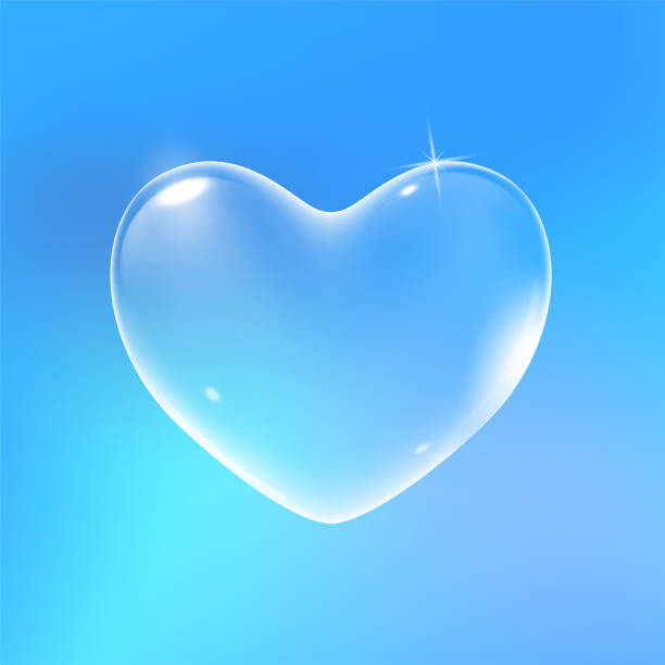 Realistic transparent white vector soap bubble shaped as heart. Romantic glossy soapy heart. Valentine day symbol. Blue background. vector art illustration