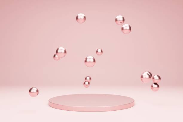 istock Pink podium for product presentation with metallic bubbles. 3d rendering scene in calm pastel colors. Blank showcase mockup with simple geometric 3d elements 1336232637
