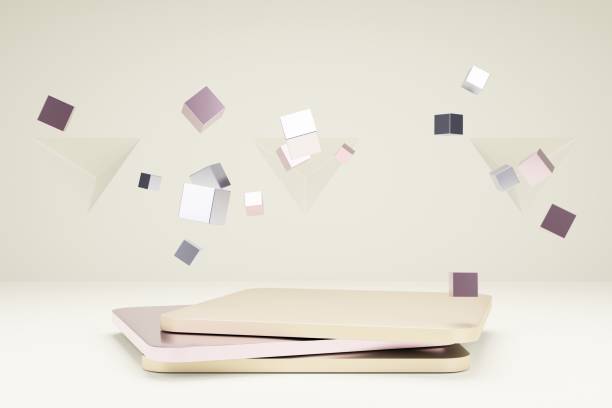 istock Square podium for product presentation with metallic cubes. 3d rendering scene in calm pastel colors. Blank showcase mockup with simple geometric 3d elements 1336232650
