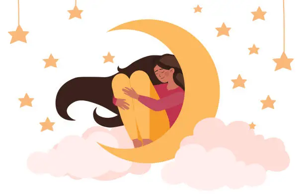 Vector illustration of Girl sleeping on moon.
