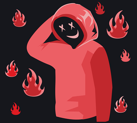 Red hoodie with eyes in form of crosses. Frightening character with sly smile and fire. Clothing and human silhouette. Cartoon modern flat vector illustration isolated on black background