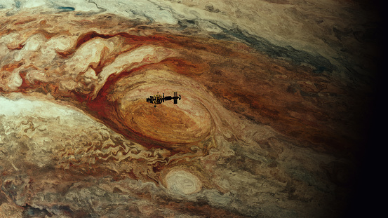 Jupiter Gas Giant Spaceship Exploration Vessel Orbiting Largest Planet Eye of Jupiter Swirls Exploration High Resolution Image 3d illustration render