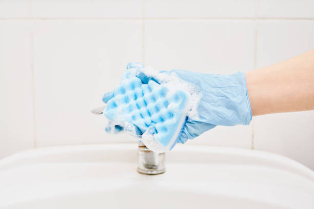 A hand holds foamy sponge A hand holds foamy sponge in the bathroom sink. Foamy cleaning sponge in a hand water sanitation worker washing faucet stock pictures, royalty-free photos & images