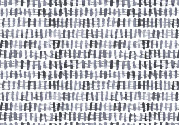 Vector illustration of Seamless pattern painted by black ink on white watercolor paper - thick vertical lines connected by thin horizontal lines into one row - vector illustration with visible natural paper raw imperfections and uneven paint traces and texture effect