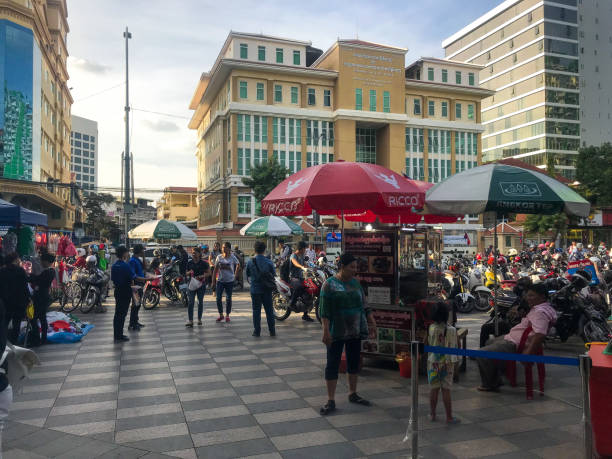 The landscape of people in front of the city mall, Phnom Penh, Cambodia.