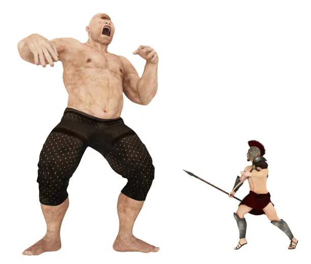 Computer generated 3D illustration with Odysseus fighting with the cyclops Polyphemus isolated on white background