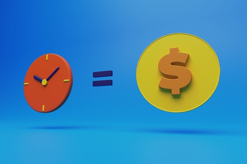 graphic render 3d illustration depict time is money concept in cartoon style. round clock and dollar coin on blue background