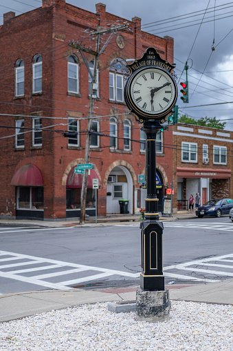 Frankfort, New York - July 2, 2021: Close up View of the Street Clock in Downtown Frankfort, New York.