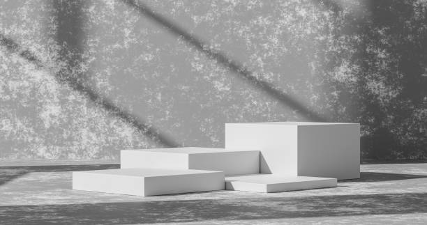 Empty cement wall product background or white podium pedestal concrete grunge room backdrop on blank interior studio floor with home display and abstract light wallpaper scene. 3D rendering.