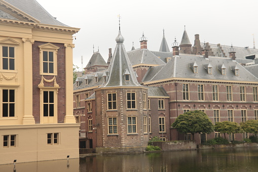 Hofvijver pool along Binnenhof and the working tower of Prime Minister Rutte in the Hague