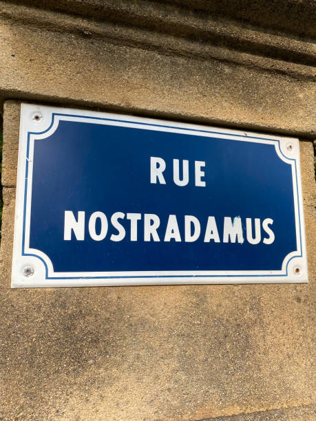 "Rue Nostradamus" street sign name in Provence, France "Rue Nostradamus" street sign name in Provence, France nostradamus stock pictures, royalty-free photos & images