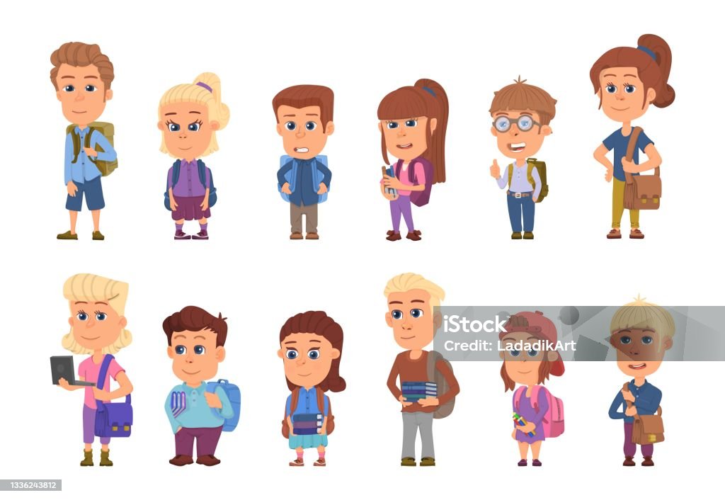 School Student Characters Students With Books And Backpacks Cartoon  Children Isolated Girl Boy Teens Elementary Education Decent Vector Set  Stock Illustration - Download Image Now - iStock