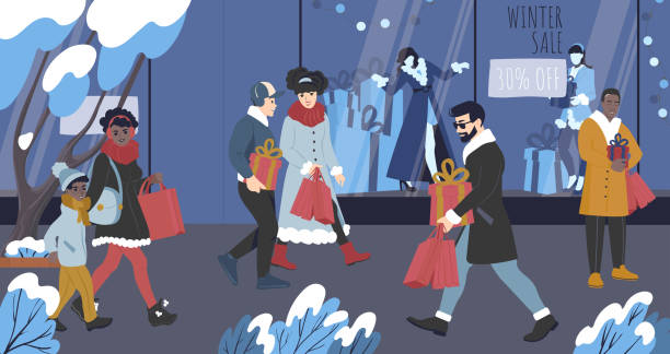 menschen laufen mit einkaufstaschen beim weihnachtsgeschäft - shopping christmas women retail stock-grafiken, -clipart, -cartoons und -symbole