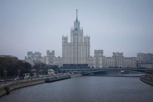 Kremlin tat the Red square in Moscow under dramatic overcast sky