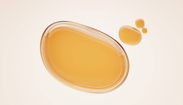 gold stains of oil, serum droplets or honey on beige background. bubbles collagen essence, realistic mockup liquid yellow drops cosmetic or food oil, top view on clear golden puddles water, 3d render - falling beans imagens e fotografias de stock