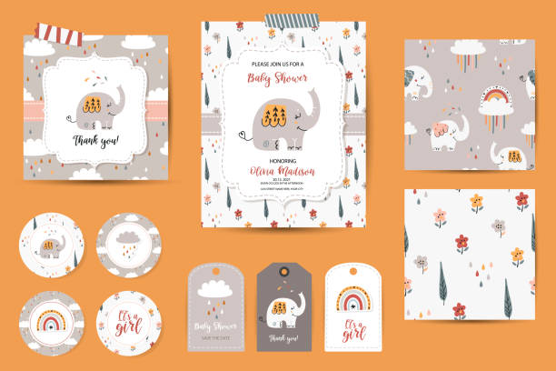 Set of Baby shower invitations, thanks cards, tags and seamless patterns. Set of Baby shower invitations, thanks cards, tags and seamless patterns. Templates with cute elephants for baby girls baby shower stock illustrations