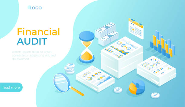 illustrazioni stock, clip art, cartoni animati e icone di tendenza di audit finanziario, analisi, contabilità, fiscale, ricerca, bilancio. documenti aziendali, soldi in a/a. illustrazione vettoriale isometrica per il sito web. - stock market data finance chart home finances