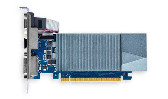 Modern pci graphic card with large passive heat sink on white background with clipping path