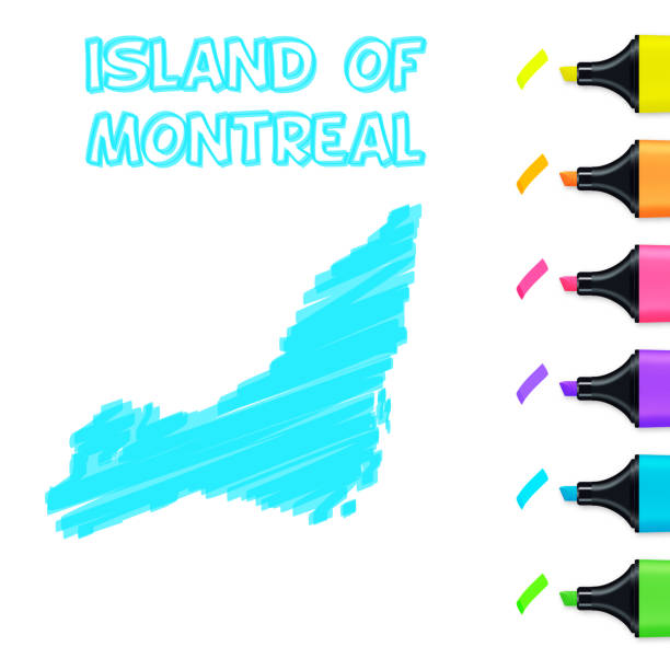 Island of Montreal map hand drawn with blue highlighter on white background Map of Island of Montreal drawn with a blue highlighter, isolated on a blank background. Easily change the color of the map (yellow, orange, pink, purple, blue, green) as you like. Vector Illustration (EPS10, well layered and grouped). Easy to edit, manipulate, resize or colorize. Vector and Jpeg file of different sizes. island of montreal stock illustrations