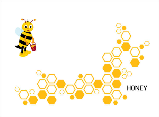 ilustrações, clipart, desenhos animados e ícones de fundo branco com hexágonos geométricos e abelhas fofas para banner. - colmeia
