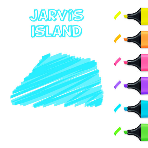 ilustraciones, imágenes clip art, dibujos animados e iconos de stock de mapa de la isla jarvis dibujado a mano con resaltador azul sobre fondo blanco - isla jarvis