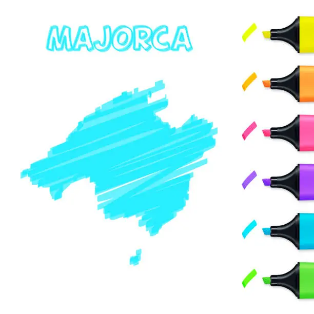 Vector illustration of Majorca map hand drawn with blue highlighter on white background