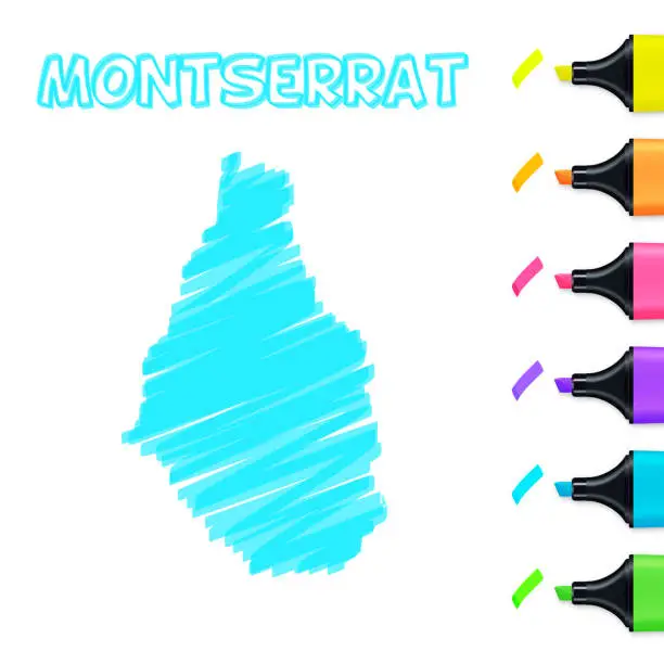 Vector illustration of Montserrat map hand drawn with blue highlighter on white background
