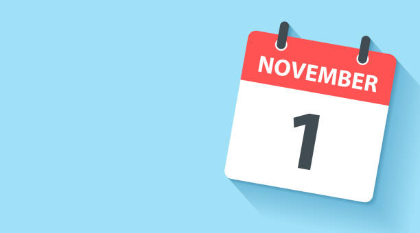 November 1 - Daily Calendar Icon in flat design style November 1. Calendar Icon with long shadow in a Flat Design style. Daily calendar isolated on a wide blue background. Horizontal composition with copy space. Vector Illustration (EPS10, well layered and grouped). Easy to edit, manipulate, resize or colorize. Vector and Jpeg file in different sizes. november stock illustrations