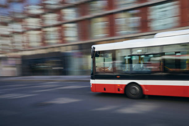 istock Bus of public transportation in blurred motion 1336252268