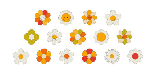 illustrazioni stock, clip art, cartoni animati e icone di tendenza di grande set di fiori retrò. faccia sorridente. collezione di fiori diversi in stile hippie. illustrazione vettoriale isolata su uno sfondo bianco - daisy flowers