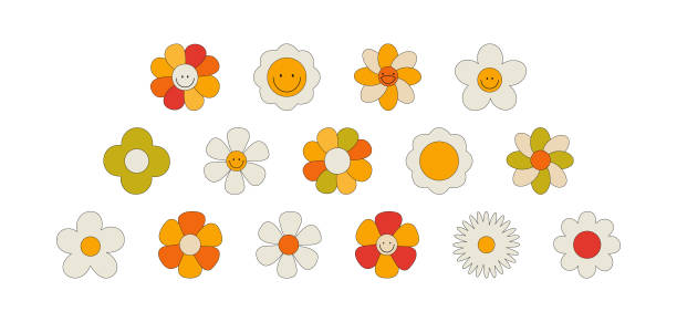 Large set of retro flowers. Smiling face. Collection of different flowers in a hippie style. Vector illustration isolated on a white background Large set of retro flowers. Smiling face. Collection of different flowers in a hippie style. Vector illustration isolated on a white background daisy stock illustrations