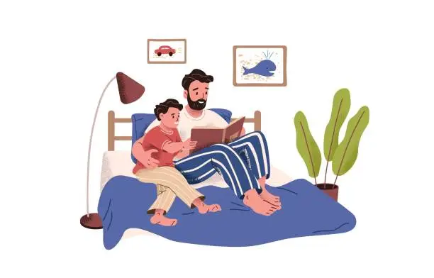 Vector illustration of Father reading book together with his son. Dad and child in bed. Daddy and kid with storybook. Parent and boy resting at cozy home. Flat vector illustration of family isolated on white background