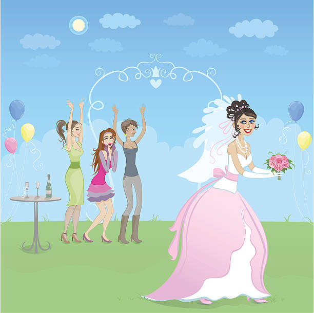 Happy bride with friends vector art illustration