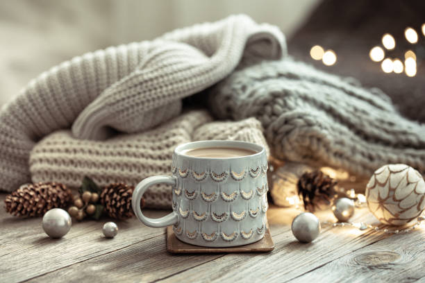 istock Cozy winter composition with a cup and decor details. 1336255121