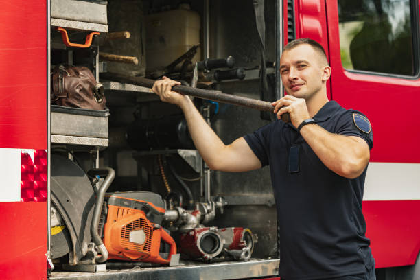 istock Fireman working in fire truck with special equipment 1336255334