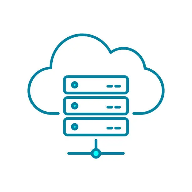 Vector illustration of Server rack and cloud line icon. Cloud hosting services. Server database organization.