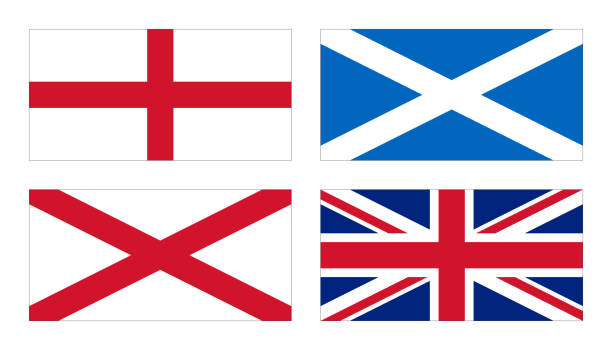 Flags of the United Kingdom Development of the Union Jack: the cross of St George (flag of England) combined with the saltire of St Andrew (flag of Scotland) and the red saltire of St Patrick (Ireland) welsh flag stock illustrations