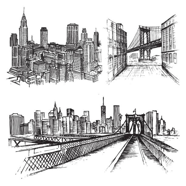 ilustraciones, imágenes clip art, dibujos animados e iconos de stock de ilustración de boceto de nueva york, vector. - new york city illustrations