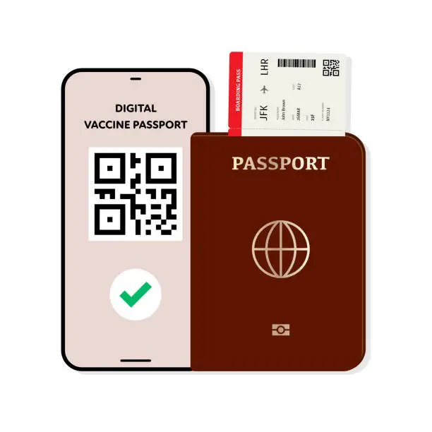 Vector illustration of Digital Covid-19 Certificate with Passport and Boarding Pass