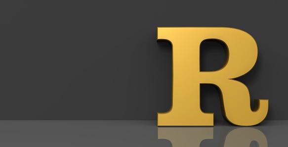 R letter golden sign alphabet text capital letter symbol gold yellow 3d rendering on black background in high resolution for print and business