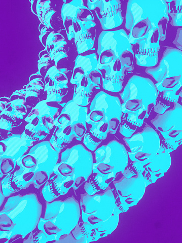 Wall of skulls in cartoon art style on violet background. Graphic design. Abstract digital illustration background. 3d rendering