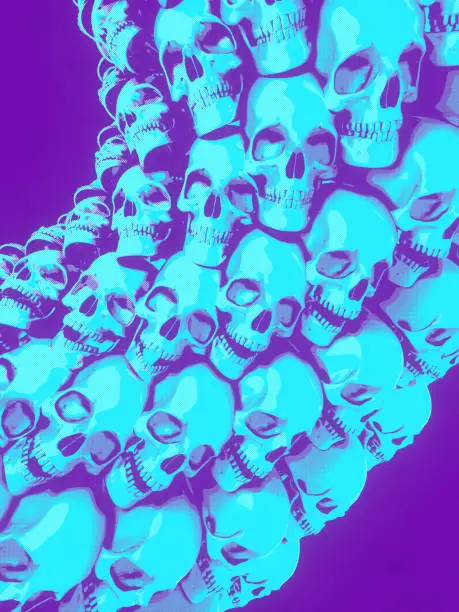 Photo of Wall of skulls in cartoon art style on violet background. 3d rendering digital illustration background